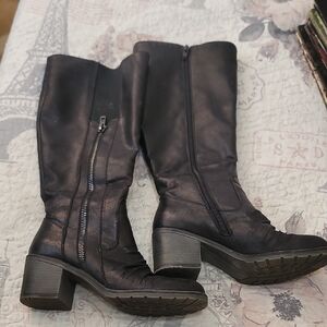 BareTraps Black Leather Mid-Calf Block Heel Boots